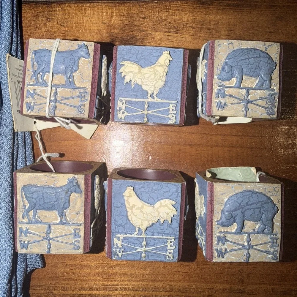 Set 6 Barnyard Animals Resin Napkins & Rings. Rustic Blue Farmhouse Grandmacore